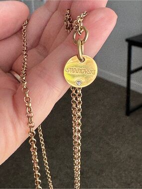 Vintage Swarovski Gold Tone 31” Long Chain Necklace Swan Logo Crystal